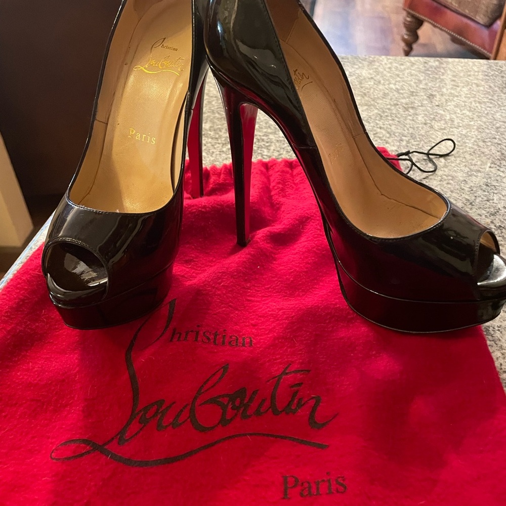 Christian Louboutin Double Platform Black Peep Toe 5 Inch Heels and Travel Bag